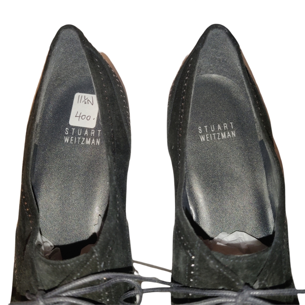 Stuart Weitzman Leather Suede Lace Up Studded Heeled Oxford Loafers - Picture 14 of 16